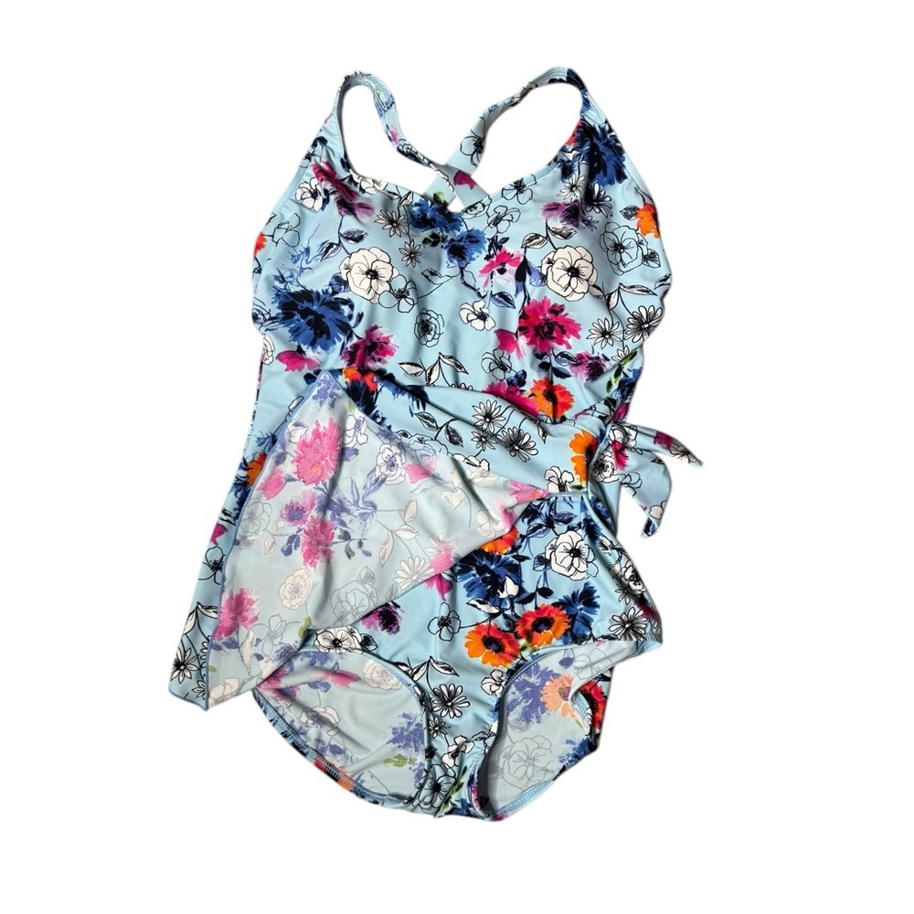 Maxine of Hollywood Blue Floral Skirted One-Piece Swimsuit Size 18W